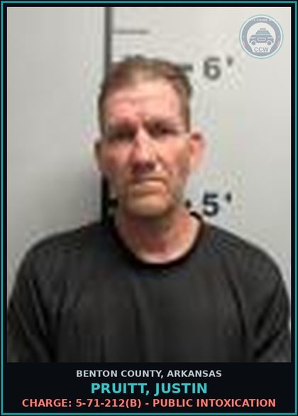 CCW arrest card for Pruitt, Justin in Benton County: Charge: 5-71-212(b) - PUBLIC INTOXICATION