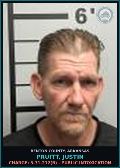 CCW arrest card for Pruitt, Justin in Benton County: Charge: 5-71-212(b) - PUBLIC INTOXICATION