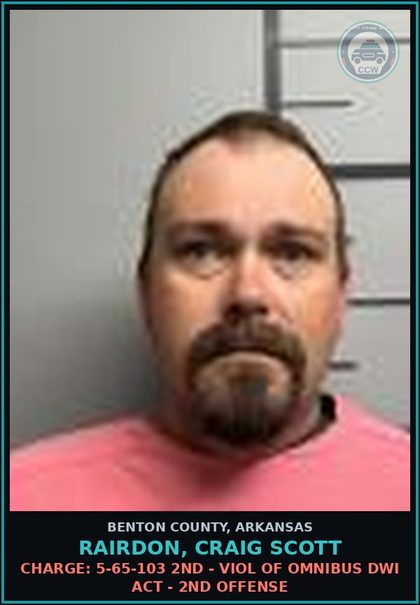 CCW arrest card for Rairdon, Craig Scott in Benton County: Charge: 5-65-118 - VIOLATION IGNITION INTERLOCK DEVICE ACT