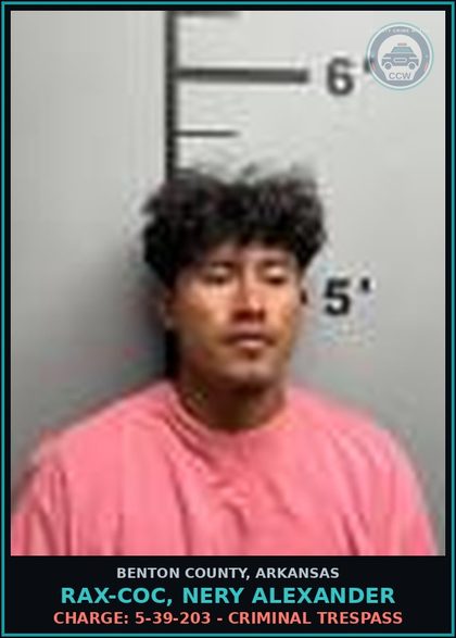 CCW arrest card for Rax-Coc, Nery Alexander in Benton County: Charge: 5-38-203(b)(1) - CRIMINAL MISCHIEF 1ST DEGREE- PURPOSELY DAMAGES LT $1,000