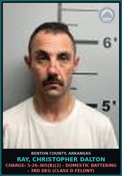 CCW arrest card for Ray, Christopher Dalton in Benton County: Charge: 5-65-123 - Interlock Device Restriction Viloation