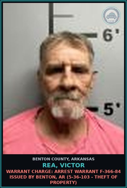 CCW arrest card for Rea, Victor in Benton County: Warrant Charge: Arrest warrant F-366-84 issued by Benton, AR (5-36-103 - THEFT OF PROPERTY)