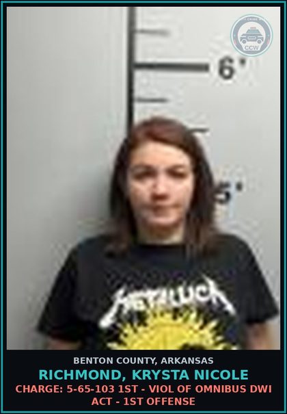CCW arrest card for Richmond, Krysta Nicole in Benton County: Charge: 27-22-104 - INSURANCE REQUIRED (No Proof of Insurance)