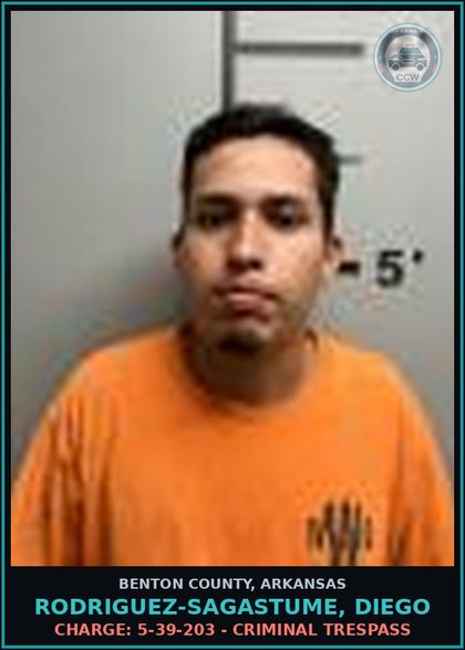 CCW arrest card for Rodriguez-Sagastume, Diego in Benton County: Charge: 5-39-203 - CRIMINAL TRESPASS