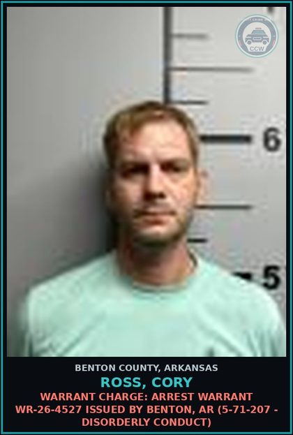 CCW arrest card for Ross, Cory in Benton County: Charge: 5-54-125(c) - FLIGHT-ESCAPE (FLEEING ON FOOT)