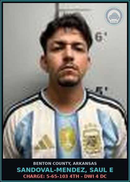 CCW arrest card for Sandoval-Mendez, Saul E in Benton County: Charge: 27-16-804 - VIOL DRIVER LICENSE RESTRICTION