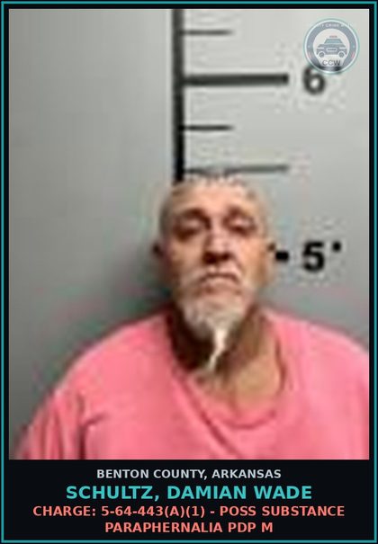 CCW arrest card for Schultz, Damian Wade in Benton County: Charge: 5-64-443(a)(1) - POSS DRUG PARAPHERNALIA PDP M