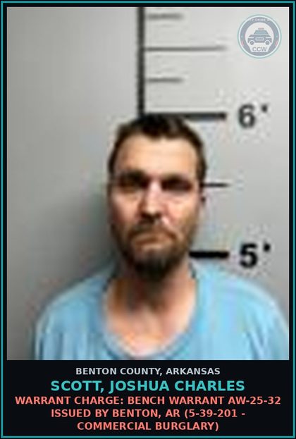 CCW arrest card for Scott, Joshua Charles in Benton County: Warrant Charge: Bench warrant AW-25-32 issued by Benton, AR (5-39-201 - COMMERCIAL BURGLARY)