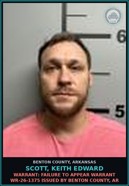 CCW arrest card for Scott, Keith Edward in Benton County: Warrant: Failure to Appear warrant WR-26-1375 issued by BENTON COUNTY, AR