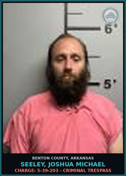 CCW arrest card for Seeley, Joshua Michael in Benton County: Charge: 5-39-203 - CRIMINAL TRESPASS