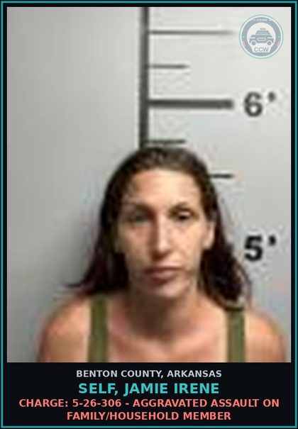 CCW arrest card for Self, Jamie Irene in Benton County: Charge: 5-26-306 - AGGRAVATED ASSAULT ON FAMILY/HOUSEHOLD MEMBER