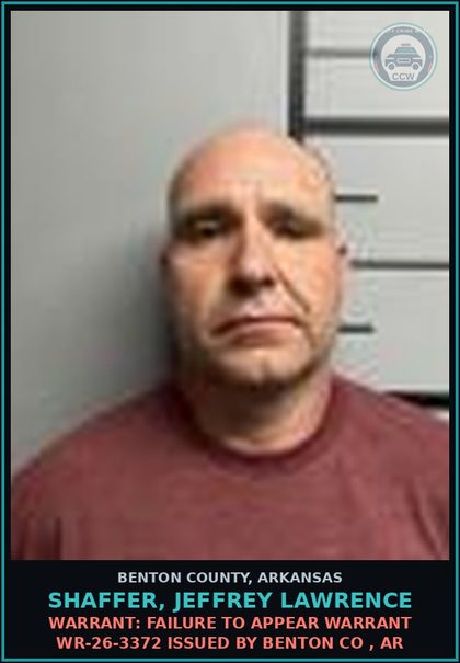 CCW arrest card for Shaffer, Jeffrey Lawrence in Benton County: Warrant: Failure to Appear warrant WR-26-3372 issued by BENTON CO , AR