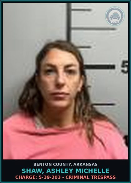 CCW arrest card for Shaw, Ashley Michelle in Benton County: Charge: 5-54-103 - REFUSAL TO SUBMIT TO ARREST (Class B Misd)