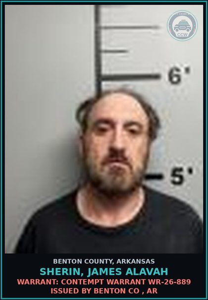 CCW arrest card for Sherin, James Alavah in Benton County: Warrant: Contempt warrant WR-26-889 issued by BENTON CO , AR