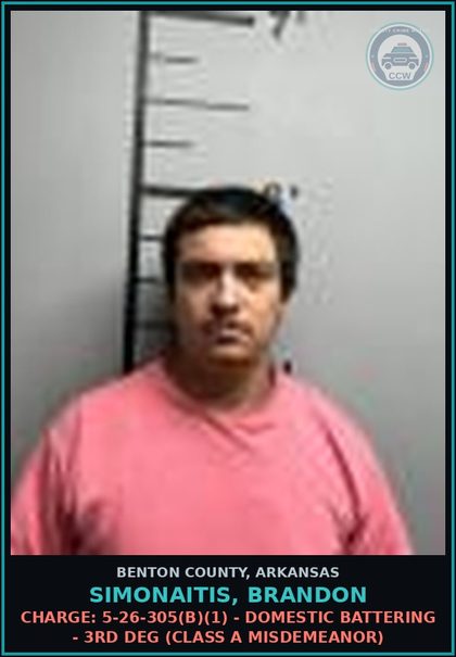 CCW arrest card for Simonaitis, Brandon in Benton County: Charge: 5-27-206 - ENDANGERING WELFARE OF MINOR-2ND DEGREE
