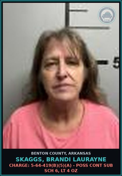 CCW arrest card for Skaggs, Brandi Laurayne in Benton County: Charge: 5-64-419(b)(5)(A) - POSS CONT SUB SCH 6, LT 4 OZ