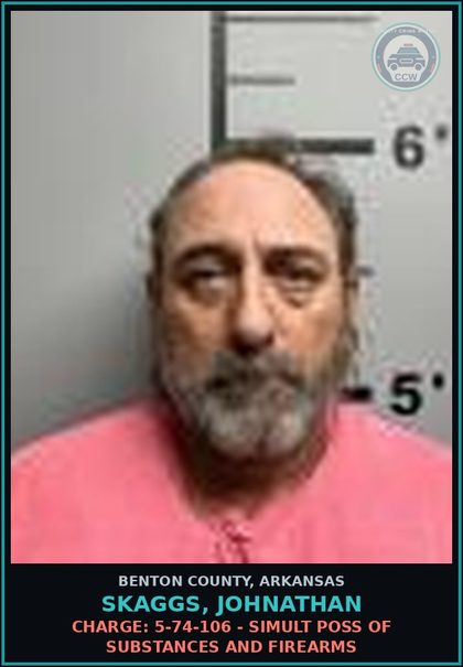 CCW arrest card for Skaggs, Johnathan in Benton County: Charge: 5-64-402(a)(2) - MAINTAINING DRUG PREMISES (non drug-free zone)