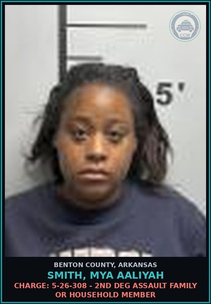 CCW arrest card for Smith, Mya Aaliyah in Benton County: Charge: 5-26-308 - 2ND DEG ASSAULT FAMILY OR HOUSEHOLD MEMBER