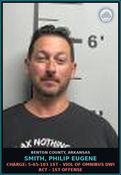 CCW arrest card for Smith, Philip Eugene in Benton County: Charge: 5-65-103 1ST - VIOL OF OMNIBUS DWI ACT - 1ST OFFENSE