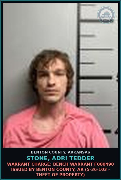 CCW arrest card for Stone, Adri Tedder in Benton County: Warrant Charge: Bench warrant F000490 issued by BENTON COUNTY, AR (5-36-103 - THEFT OF PROPERTY)