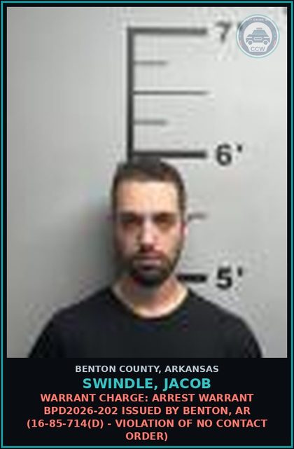 CCW arrest card for Swindle, Jacob in Benton County: Warrant Charge: Arrest warrant BPD2026-202 issued by Benton, AR (16-85-714(d) - VIOLATION OF NO CONTACT ORDER)