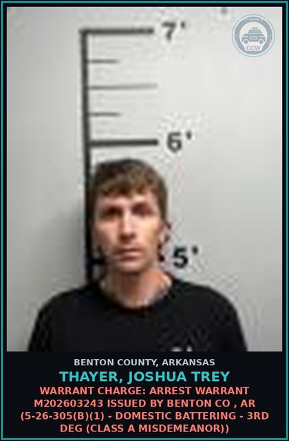 CCW arrest card for Thayer, Joshua Trey in Benton County: Warrant Charge: Arrest warrant M202603243 issued by BENTON CO , AR (5-27-207 - ENDANGERING WELFARE OF MINOR 3RD DEGREE)