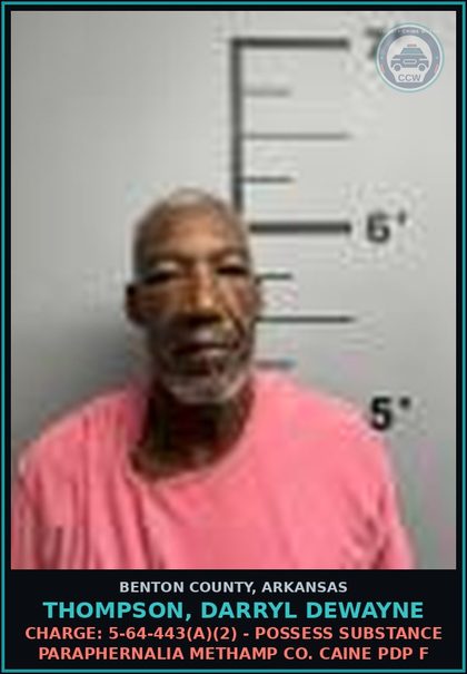 CCW arrest card for Thompson, Darryl Dewayne in Benton County: Charge: 5-64-443(a)(2) - POSSESS DRUG PARAPHERNALIA METH COCAINE PDP F