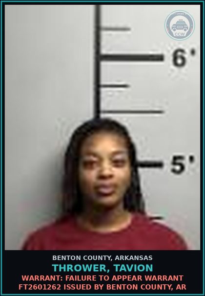 CCW arrest card for Thrower, Tavion in Benton County: Warrant: Failure to Appear warrant FT2601262 issued by BENTON COUNTY, AR