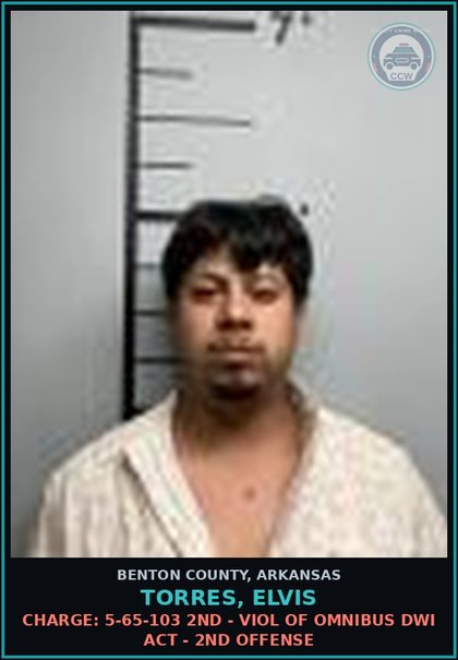 CCW arrest card for Torres, Elvis in Benton County: Charge: 5-65-103 2ND - VIOL OF OMNIBUS DWI ACT - 2ND OFFENSE