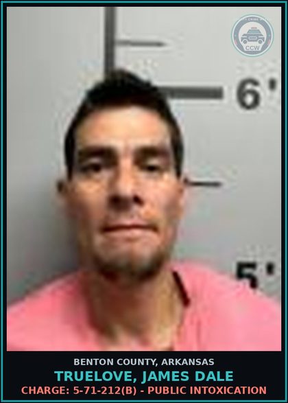 CCW arrest card for Truelove, James Dale in Benton County: Charge: 5-71-212(b) - PUBLIC INTOXICATION