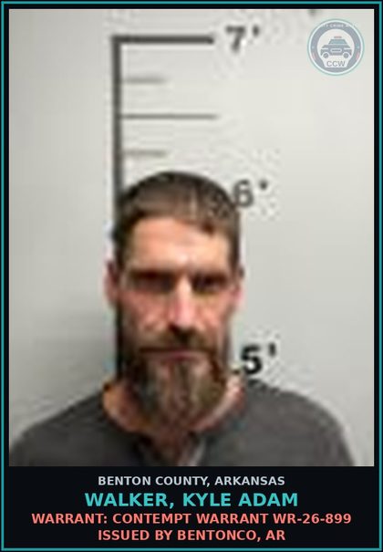CCW arrest card for Walker, Kyle Adam in Benton County: Warrant: Contempt warrant WR-26-899 issued by BENTONCO, AR
