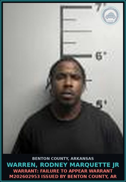 CCW arrest card for Warren, Rodney Marquette Jr in Benton County: Warrant: Failure to Appear warrant M202602953 issued by BENTON COUNTY, AR
