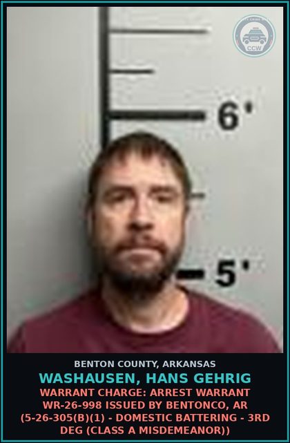 CCW arrest card for Washausen, Hans Gehrig in Benton County: Warrant Charge: Arrest warrant WR-26-998 issued by BENTONCO, AR (5-26-305(b)(1) - DOMESTIC BATTERING - 3RD DEG (Class A misdemeanor))