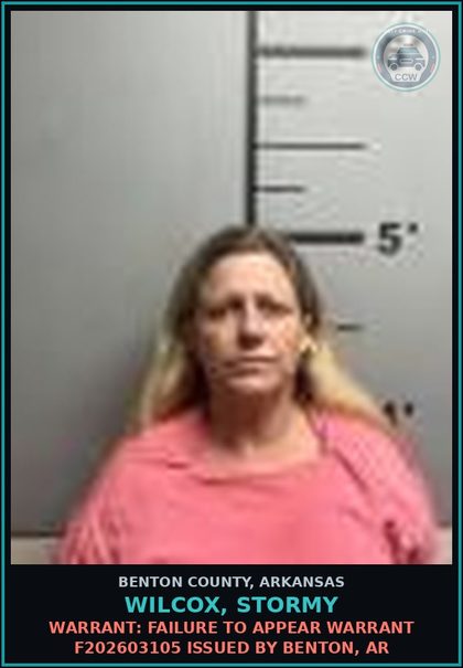 CCW arrest card for Wilcox, Stormy in Benton County: Warrant: Failure to Appear warrant F202603105 issued by Benton, AR