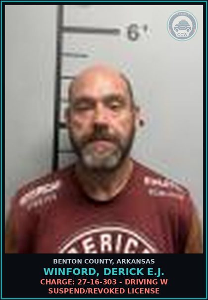 CCW arrest card for Winford, Derick E.J. in Benton County: Charge: 27-16-303 - DRIVING W SUSPEND/REVOKED LICENSE