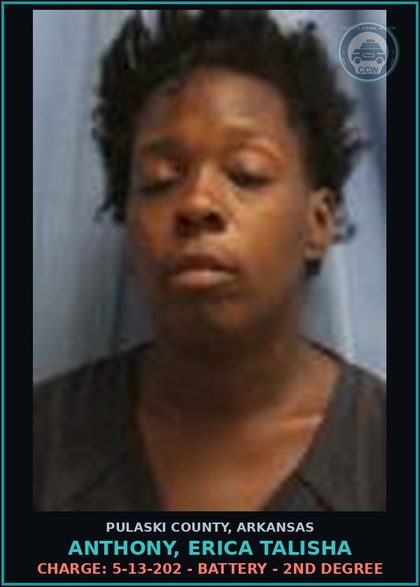 CCW arrest card for Anthony, Erica Talisha in Pulaski County: Warrant: FAILURE TO APPEAR- MISDEMEANOR warrant LR-26-6436 issued by Little Rock Police Department, AR