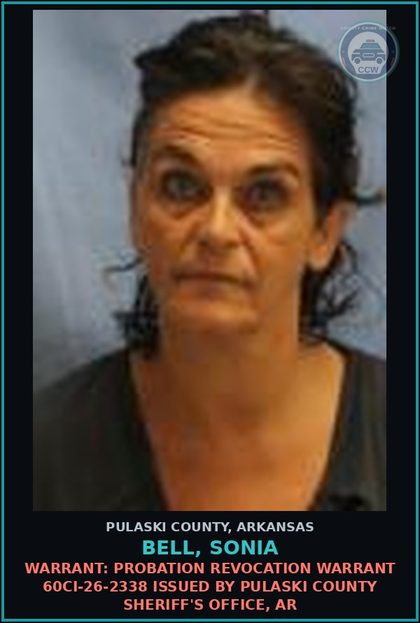 CCW arrest card for Bell, Sonia in Pulaski County: Warrant: PROBATION REVOCATION warrant 60CI-26-2338 issued by Pulaski County Sheriff's Office, AR