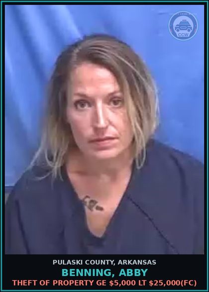 CCW arrest card for BENNING, ABBY in Pulaski County: THEFT OF PROPERTY GE $5,000 LT $25,000(FC)