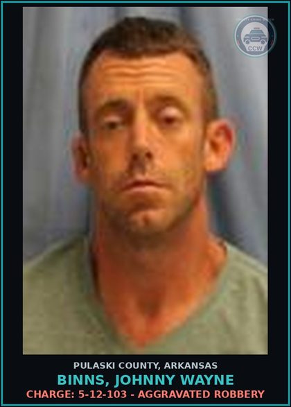 CCW arrest card for Binns, Johnny Wayne in Pulaski County: Charge: 5-12-103 - AGGRAVATED ROBBERY