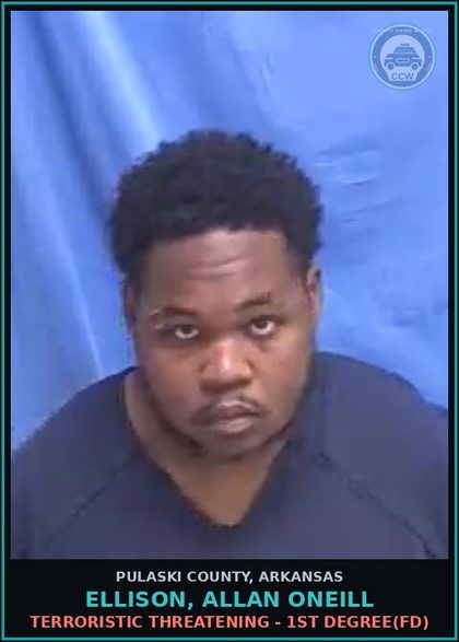 CCW arrest card for ELLISON, ALLAN ONEILL in Pulaski County: TERRORISTIC THREATENING - 1ST DEGREE(FD)