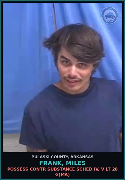 CCW arrest card for Frank, Miles in Pulaski County: POSSESS contr substance SCHED IV, V LT 28 G(MA)