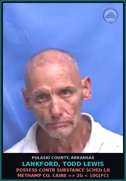 CCW arrest card for LANKFORD, TODD LEWIS in Pulaski County, Arkansas: POSSESS contr substance SCHED I,II METH COCAINE => 2G < 10G(FC)