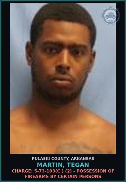 CCW arrest card for Martin, Tegan in Pulaski County: Charge: 5-73-103(c ) (2) - Possession of firearms by certain Persons