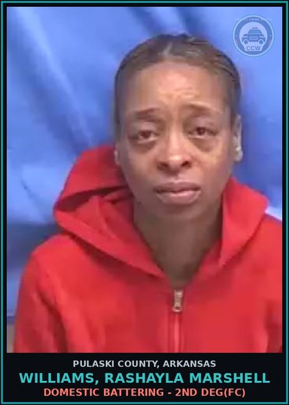 CCW arrest card for WILLIAMS, RASHAYLA MARSHELL in Pulaski County, Arkansas: DOMESTIC BATTERING - 2ND DEG(FC)