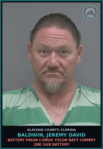 CCW arrest card for BALDWIN, JEREMY DAVID in Alachua County: BATTERY PRIOR CONVIC FELON BATT COMMIT 2ND SUB BATTERY
