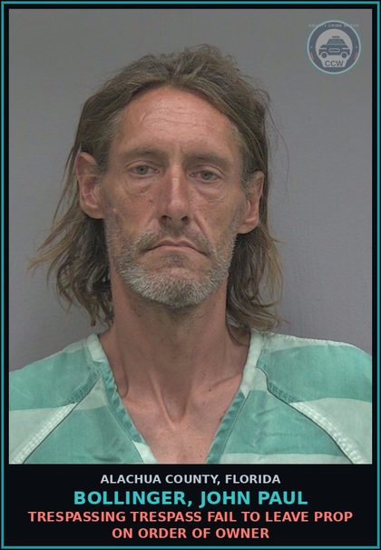 CCW arrest card for BOLLINGER, JOHN PAUL in Alachua County: LOITERING LOITER/PROWL IN UNUSUAL PLACE OR MANNER