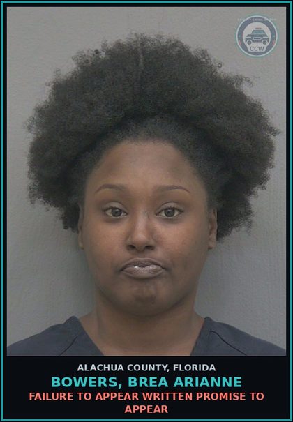 CCW arrest card for BOWERS, BREA ARIANNE in Alachua County: FAILURE TO APPEAR WRITTEN PROMISE TO APPEAR