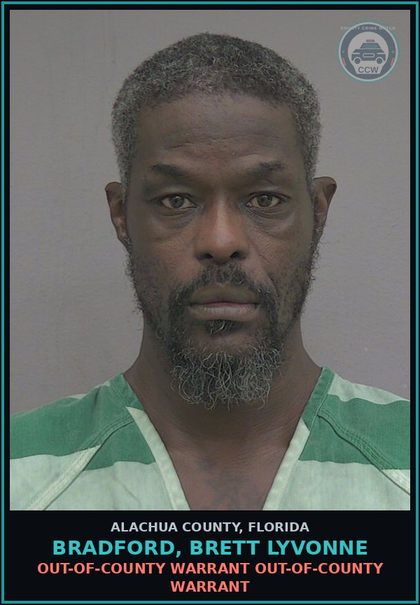 CCW arrest card for BRADFORD, BRETT LYVONNE in Alachua County: OUT-OF-COUNTY WARRANT OUT-OF-COUNTY WARRANT