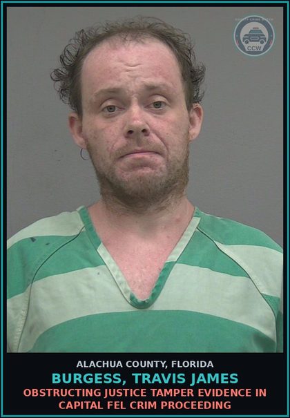 CCW arrest card for BURGESS, TRAVIS JAMES in Alachua County: DRUGS-POSSESS POSSESS contr substance W/O PRESCRIPTION