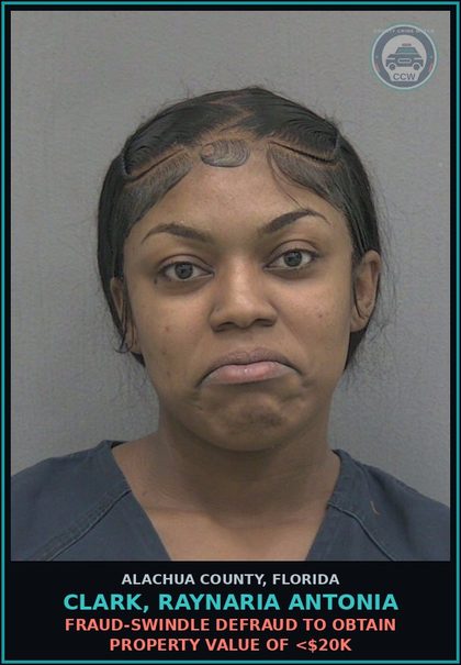 CCW arrest card for CLARK, RAYNARIA ANTONIA in Alachua County: FRAUD-SWINDLE DEFRAUD TO OBTAIN PROPERTY VALUE OF <$20K